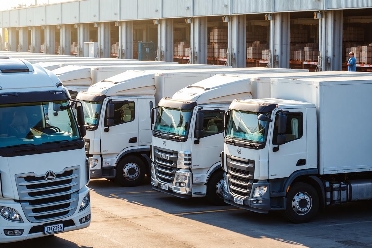 Fleet of supply and logistics trucks at a depot