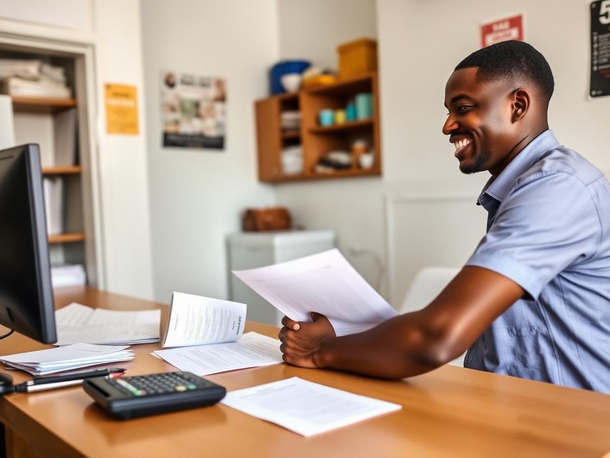 Loan officer assisting a client with paperwork at a branch office