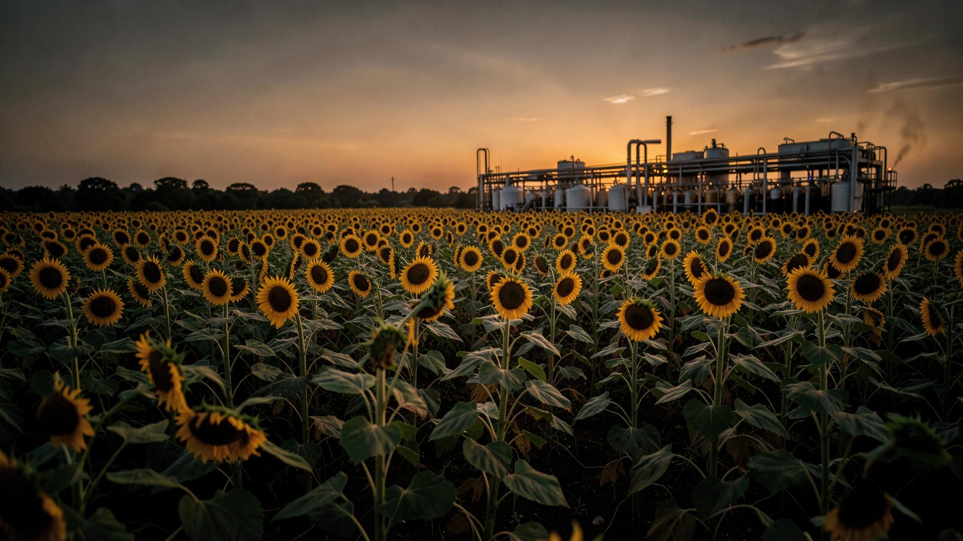 Sunflower field at dusk with an edible oil processing plant beyond