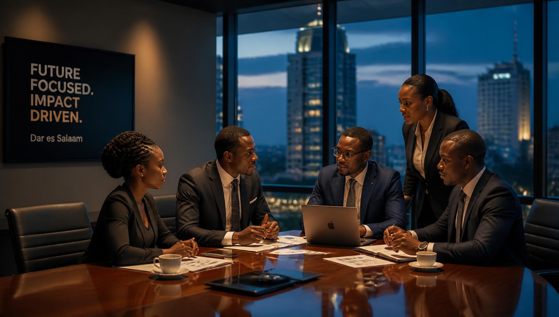 Advisory team in a glass-walled Dar es Salaam boardroom at dusk