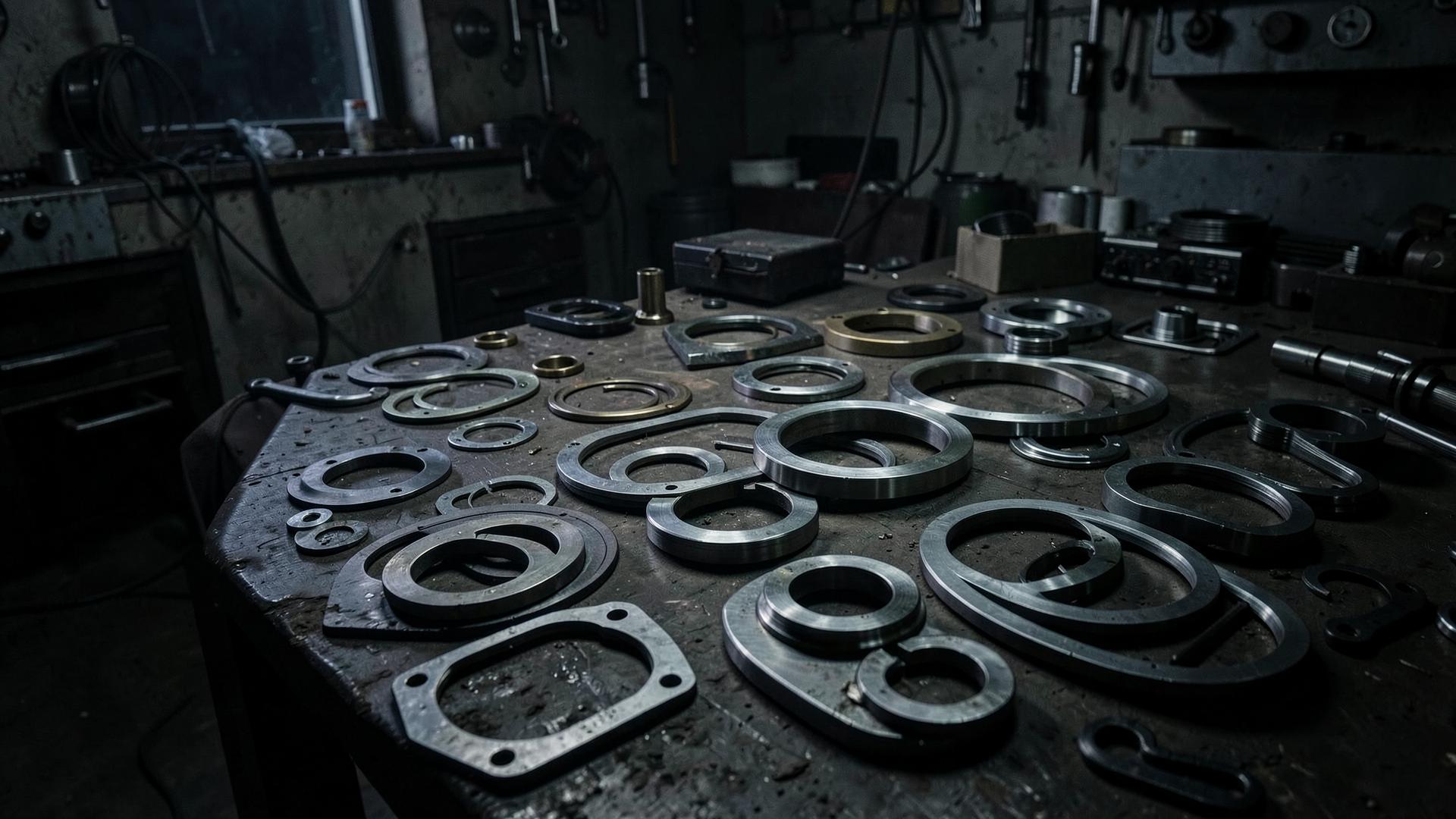 Precision industrial seals and gaskets laid out in a workshop