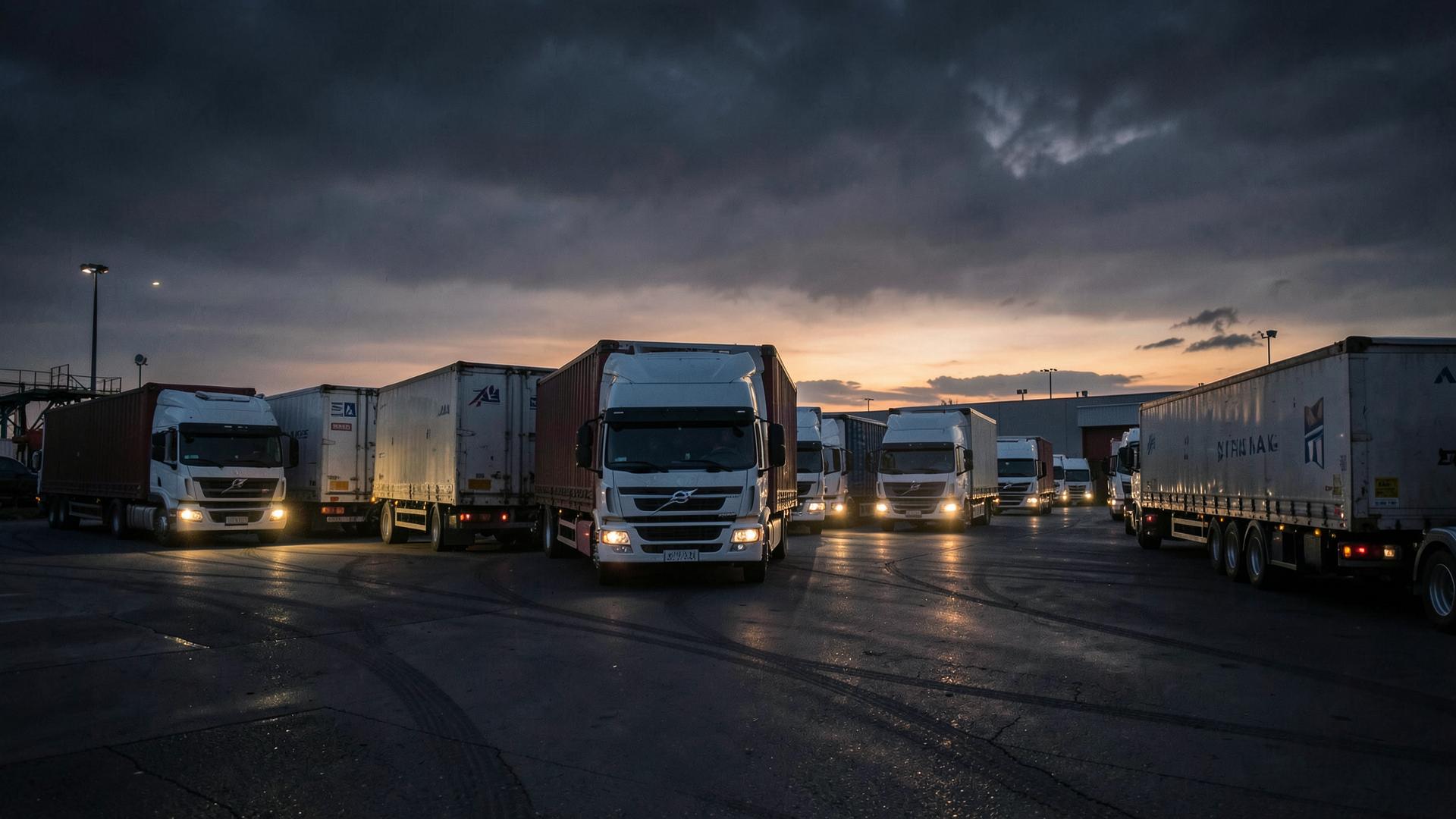 Fleet of cargo trucks at a logistics depot at dawn