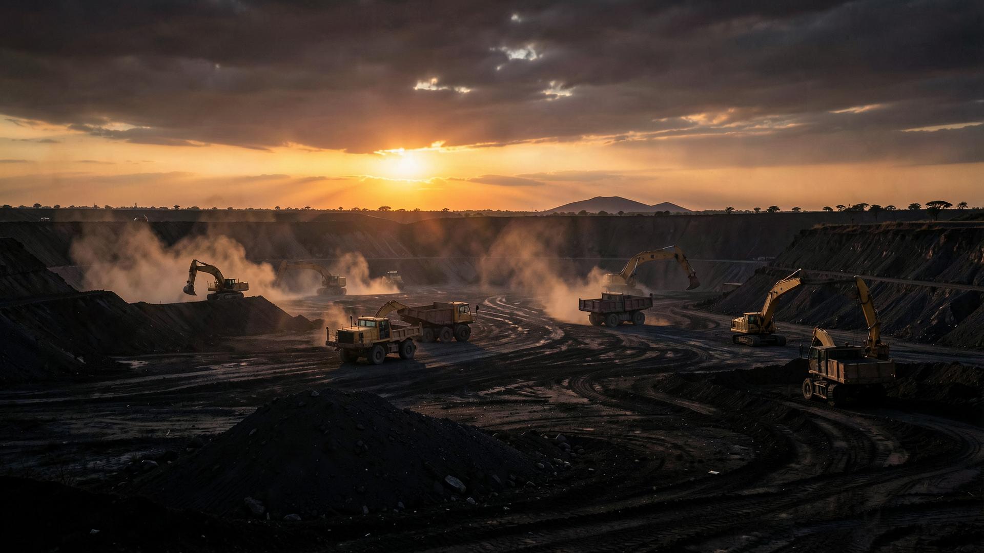 Open-pit mining site at sunrise with haul trucks and excavators