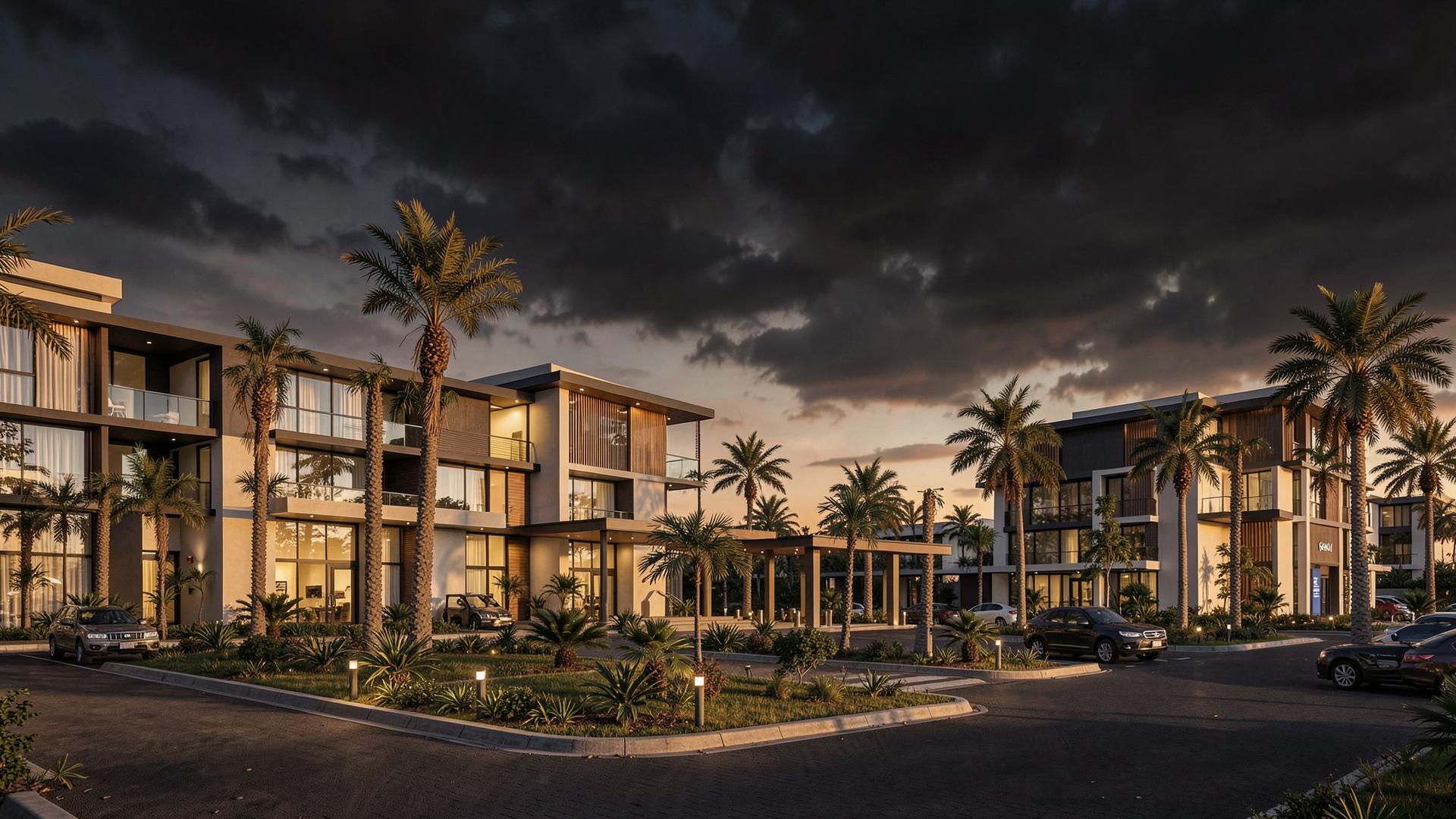 Modern residential and commercial development at golden hour