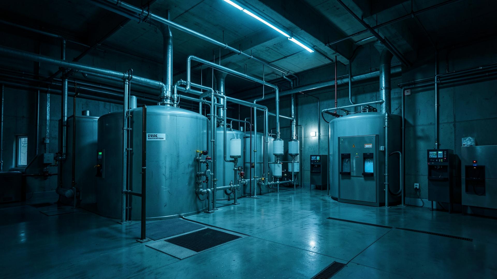 Water treatment plant with filtration tanks and dispensers